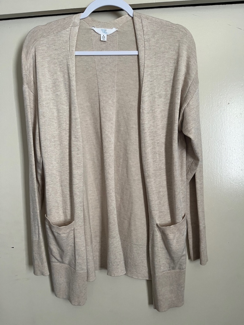 Time and Tru Beige Open-Front Pocket Cardigan